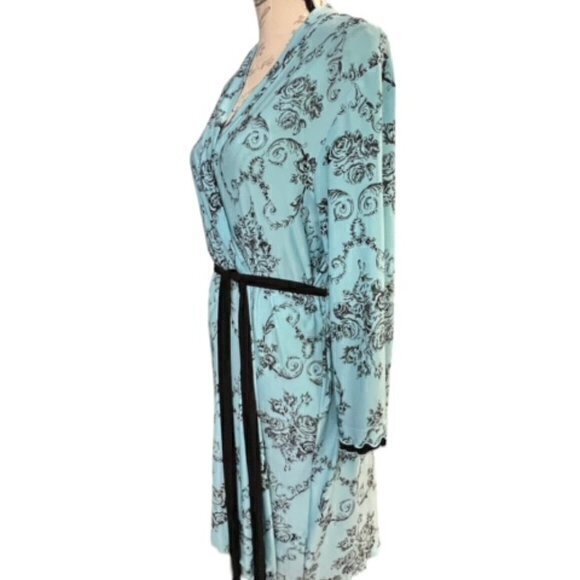 Beautiful Teal Black Floral Robe Linea Donatella S/M COTTAGECORE Shabby Chic EUC - Picture 8 of 13